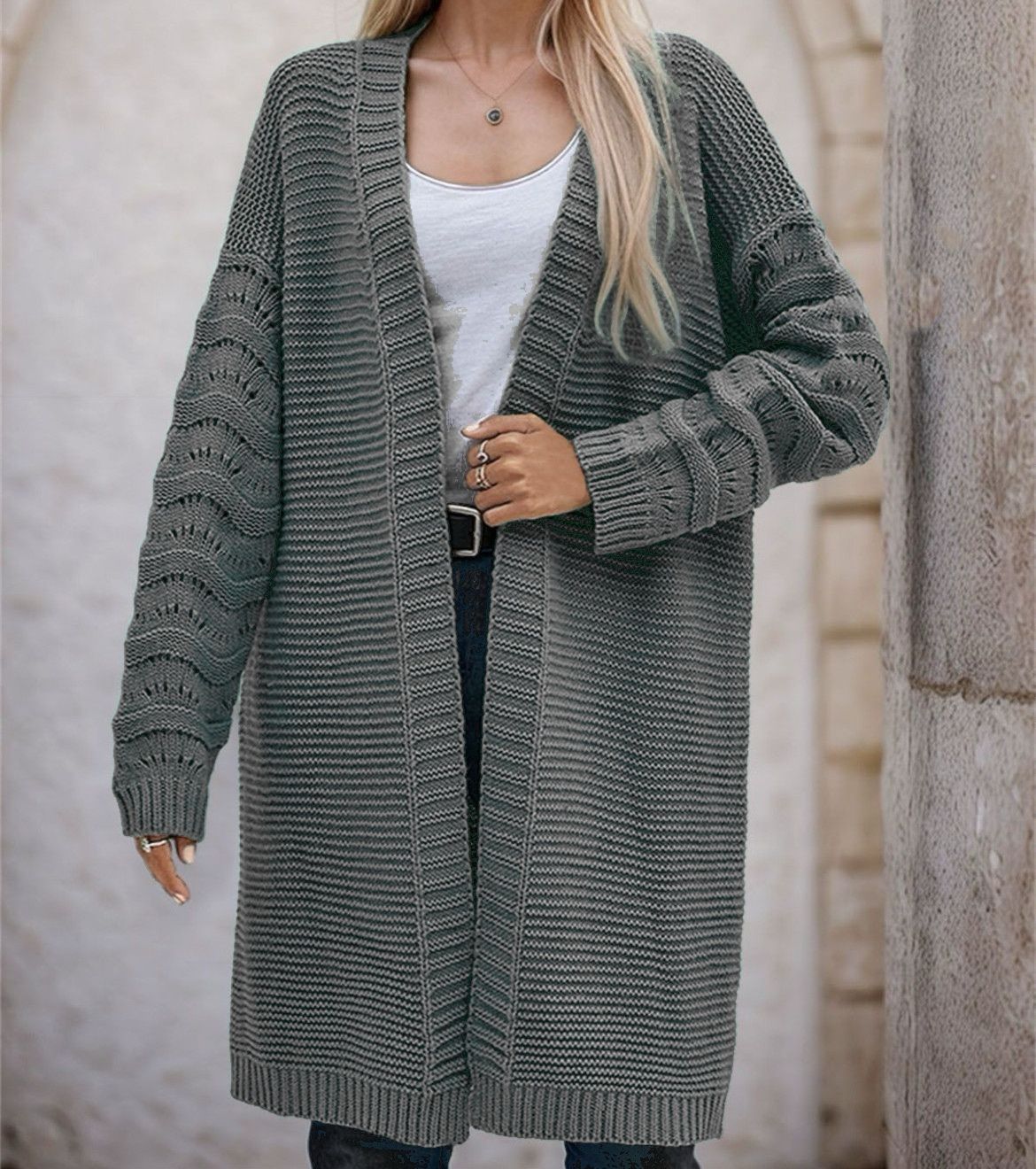 Damen Langer Strickcardigan mit luftiger Maschenstruktur und offener Front ModeGeist