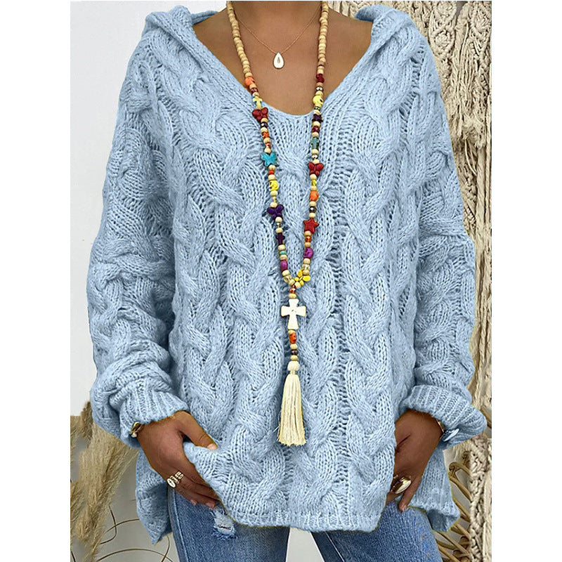 Damen Hoody aus Grobstrick mit V-Ausschnitt und dekorativem Kordelzug ModeGeist