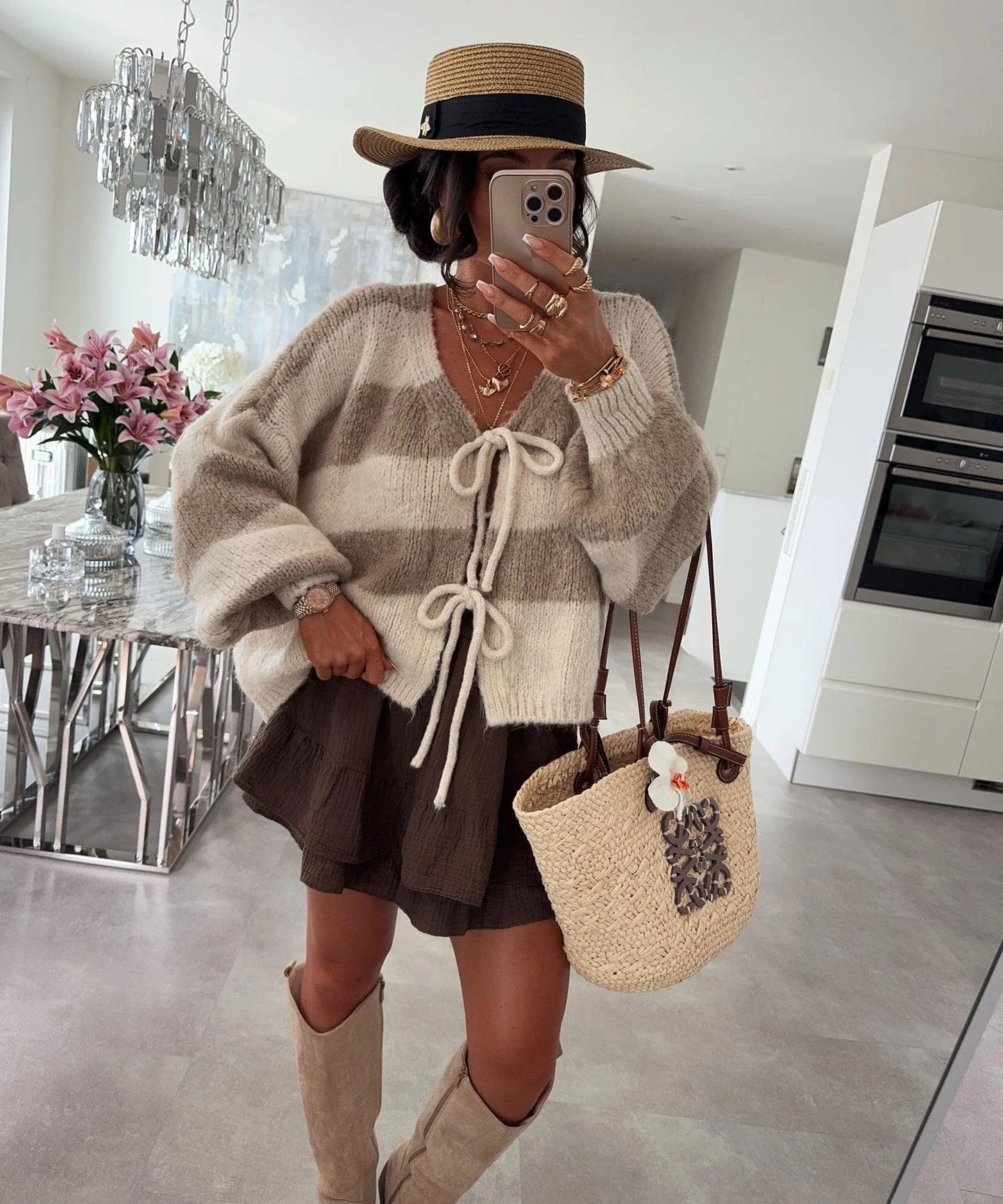 Damen lockere Strickjacke mit breiten Streifen und Bindegürtel ModeGeist