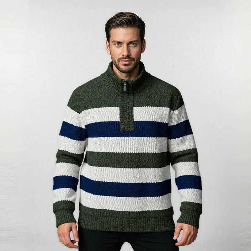 Herren modischer Strickpullover mit halbem Reißverschluss und gestreiftem Design ModeGeist