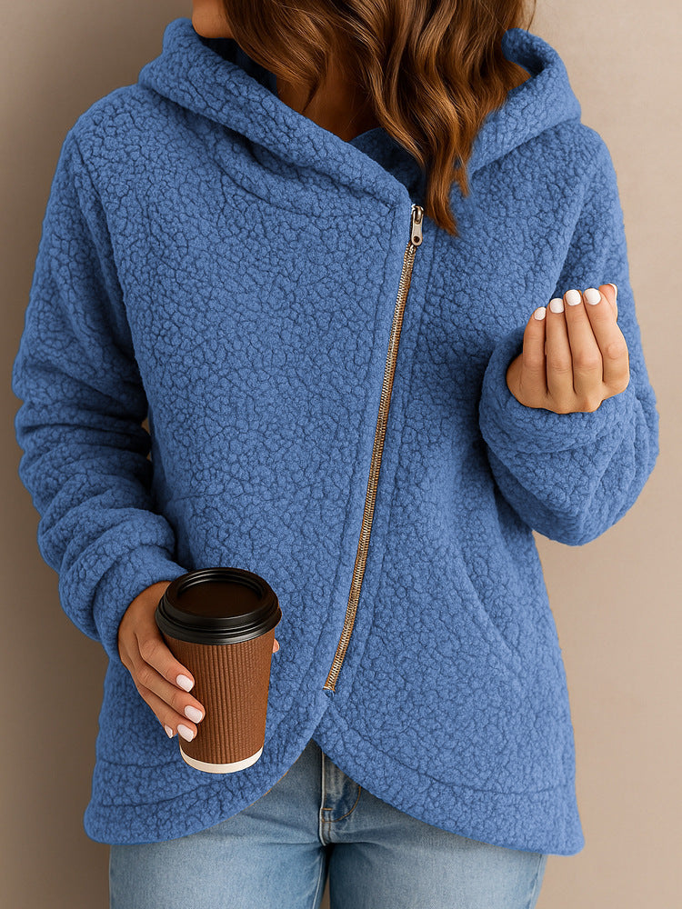 Damen Flauschige Kapuzenjacke mit asymmetrischem Reißverschluss ModeGeist
