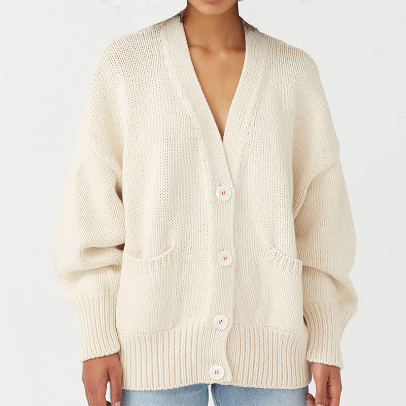 Damen Oversized Strickjacke mit Taschen und V-Ausschnitt ModeGeist