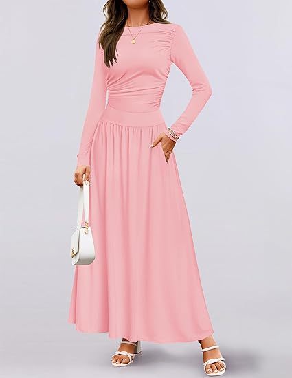 Damen Langärmliges Maxikleid mit eleganten Rüschendetails und praktischen Taschen ModeGeist