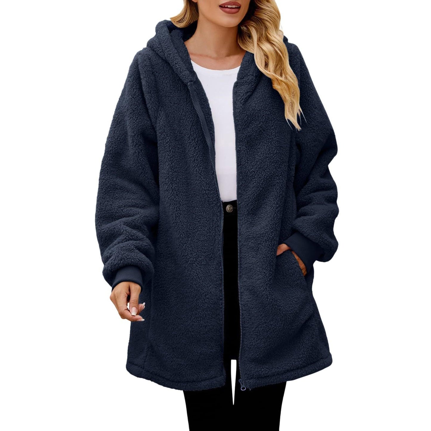 Damen kuschelige Fleecejacke mit Kapuze und seitlichen Eingrifftaschen ModeGeist