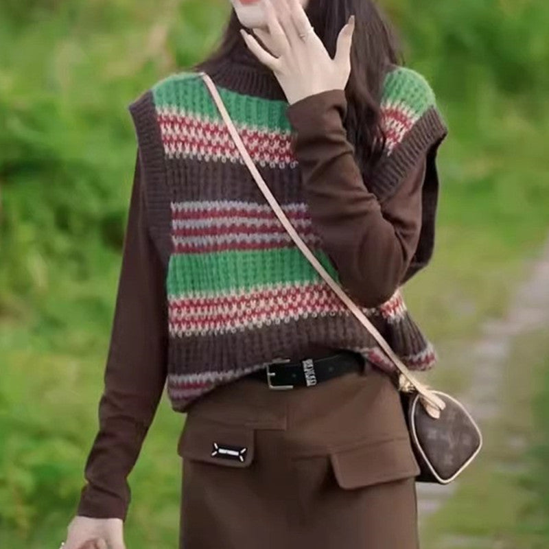 Damen lässiger Strickoversize-Pullover mit buntem Streifenmuster und ärmellosem Design ModeGeist - ModeGeist