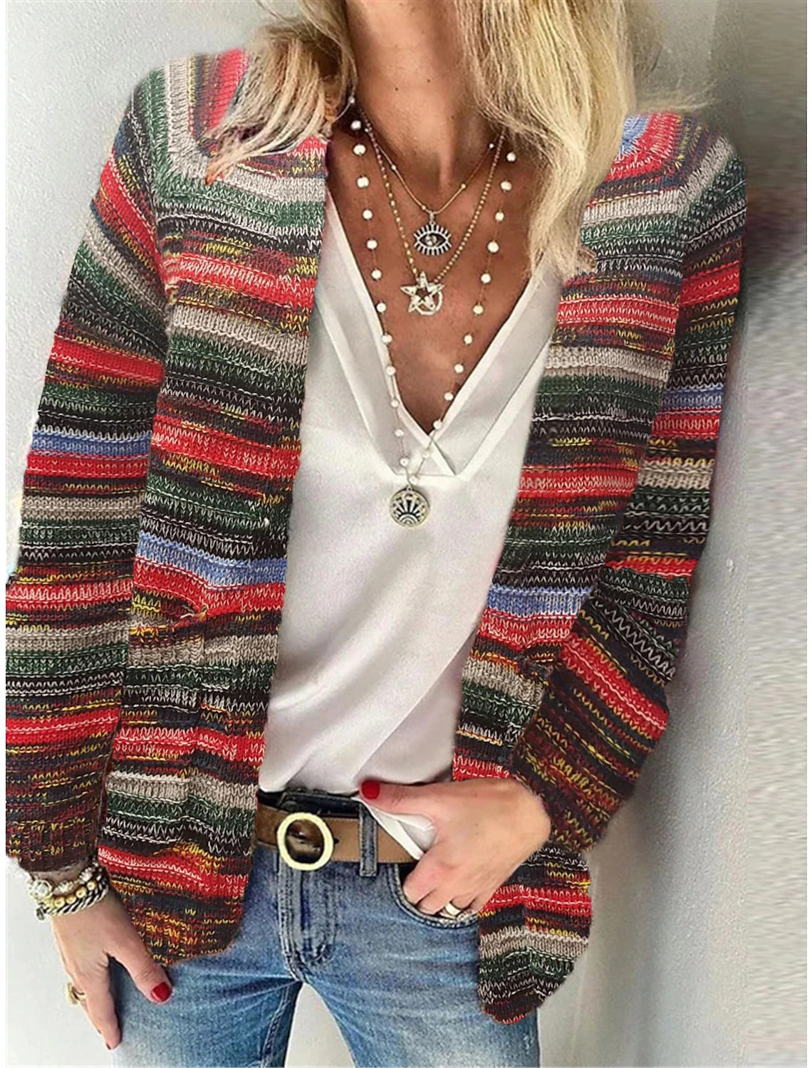Damen Offen gestrickte Cardigan mit bunten Streifen und lässigem Schnitt ModeGeist