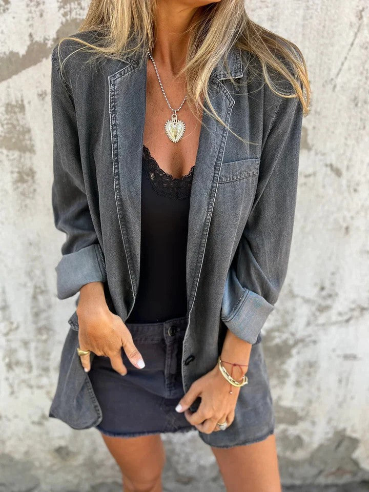 ModeGeist | Reversanzugkragen Denim Mid Length Jacke