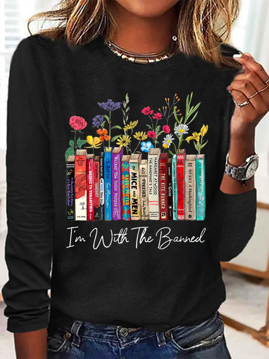 Damen Langarmshirt mit Bücher- und Blumenmotiv ModeGeist