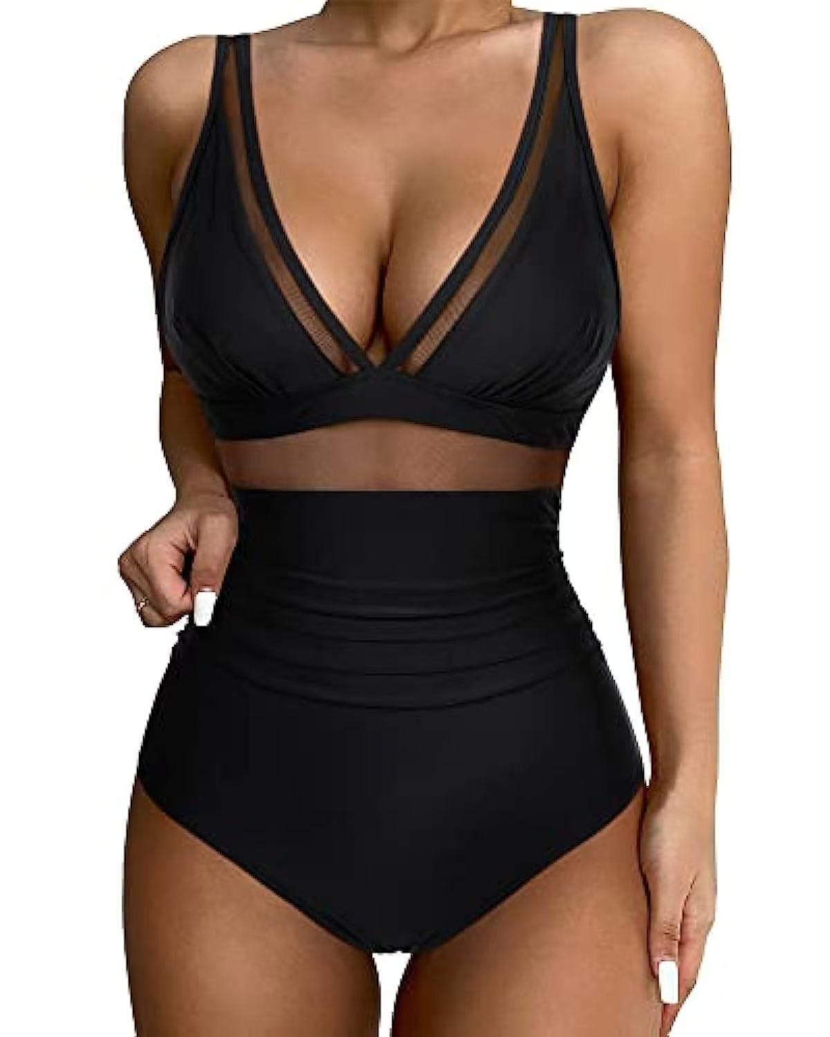 Modischer Damen-Bikini mit hohem Bund, Mesh-Einsätzen und tiefem Ausschnitt