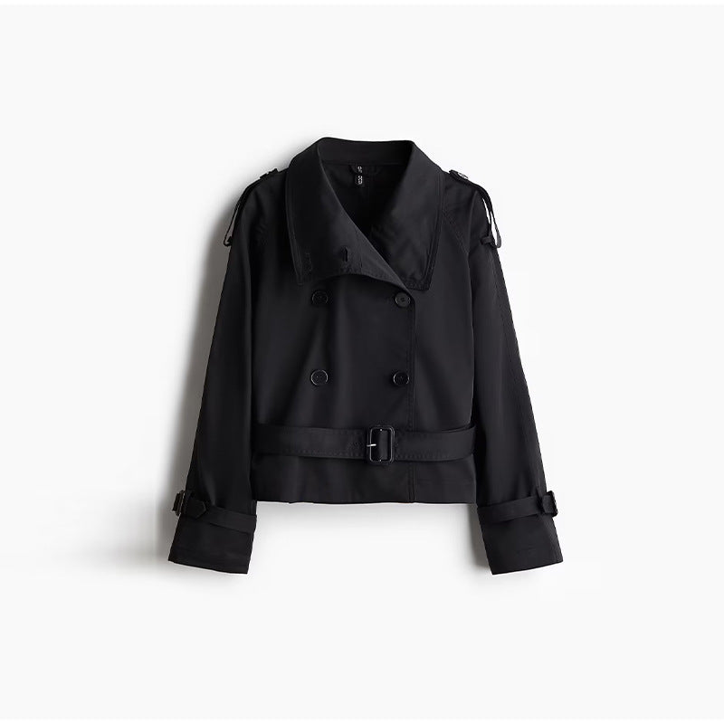 Damen trendige Kurzjacke im modernen Trenchcoat-Stil mit breitem Kragen und Taillengürtel ModeGeist