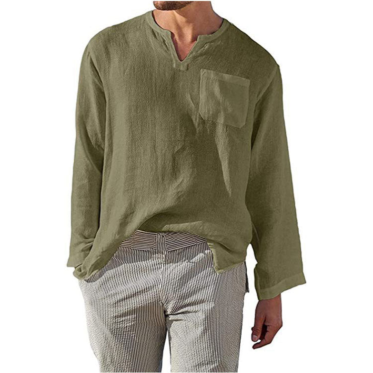 Herren Leinen Langarmshirt mit Henley-Ausschnitt und Brusttasche ModeGeist