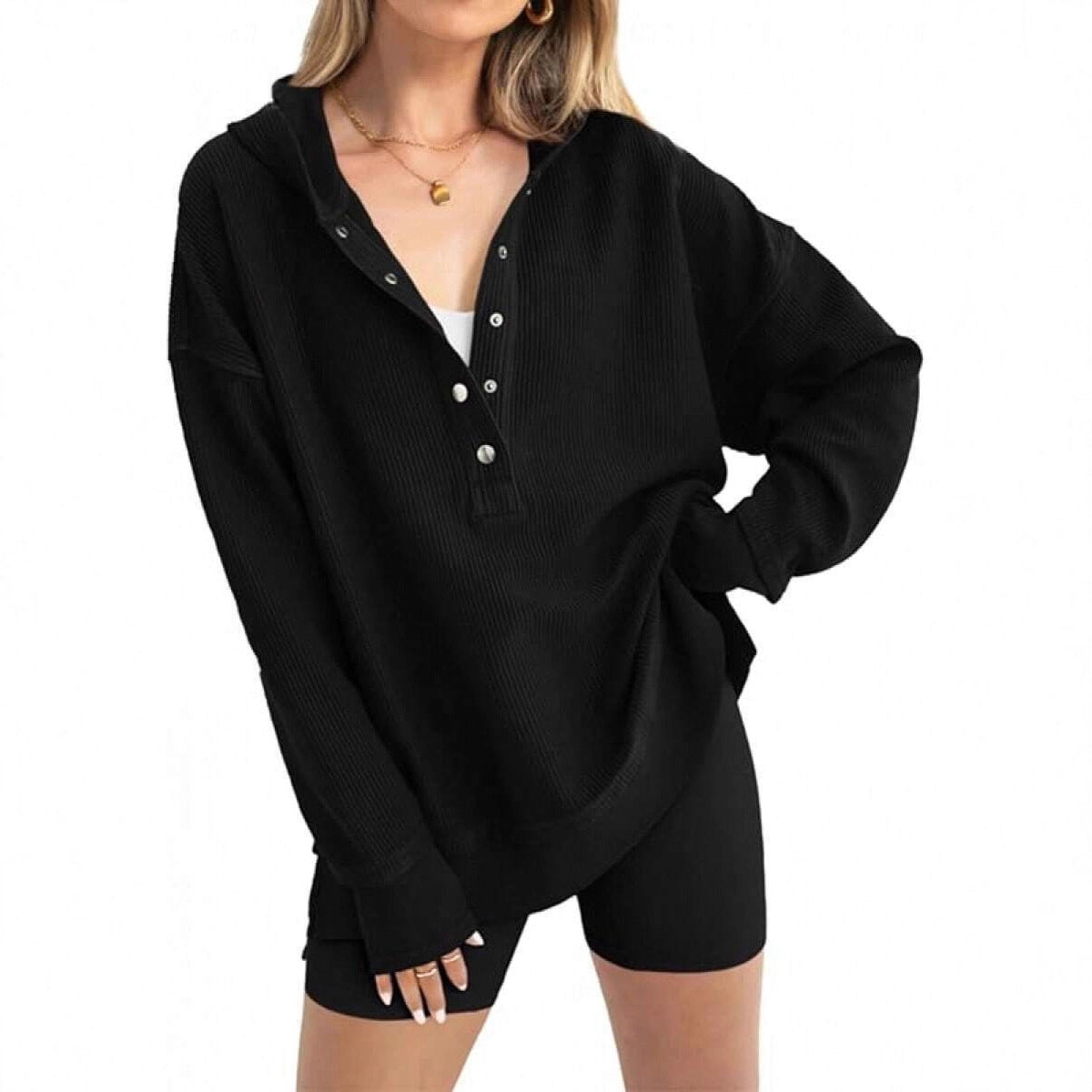 Damen Lässiger Kapuzenpullover mit Knopfdetails und überschnittenen Schultern ModeGeist