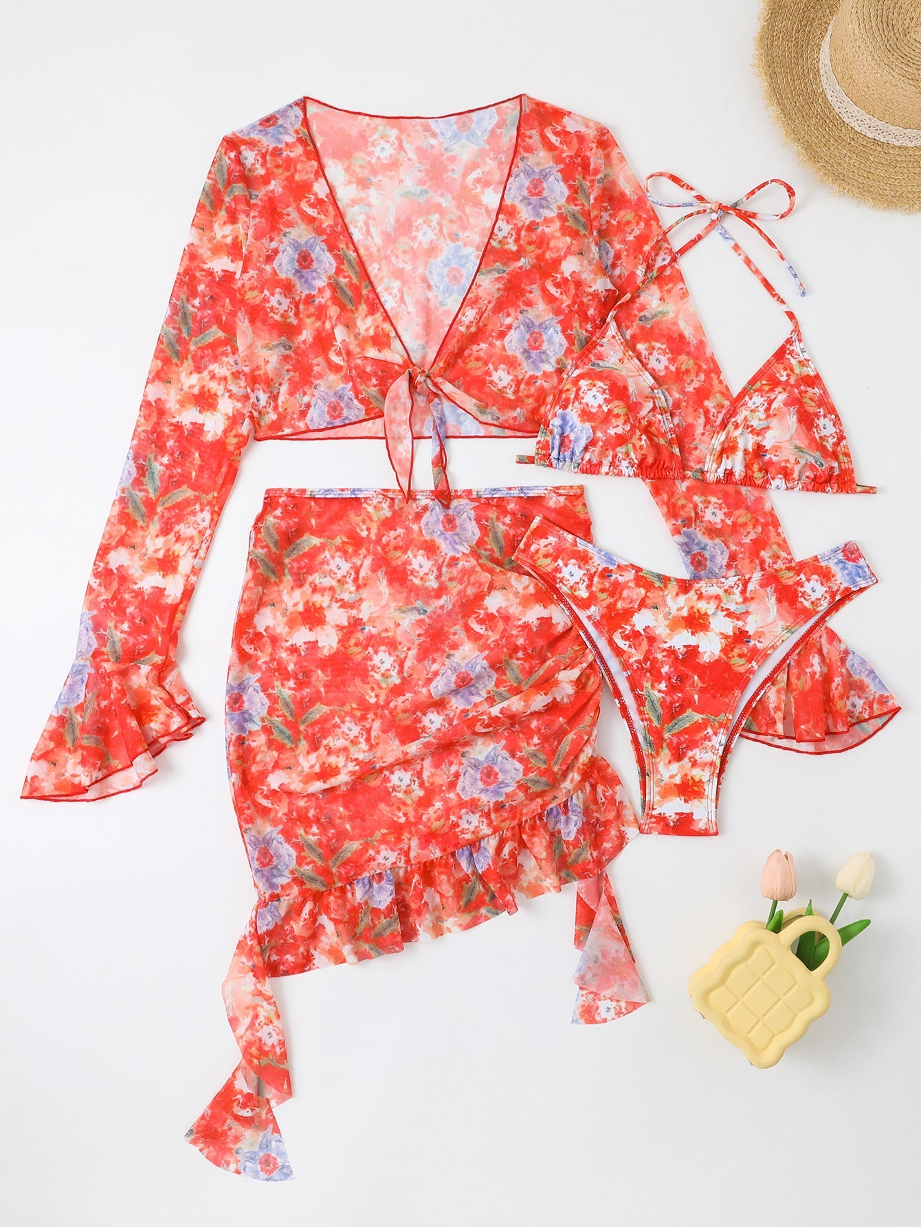 Blumen-Wickelrock-Set mit Rüschen und Damen-Cropped-Top, modisch von MODEGEIST