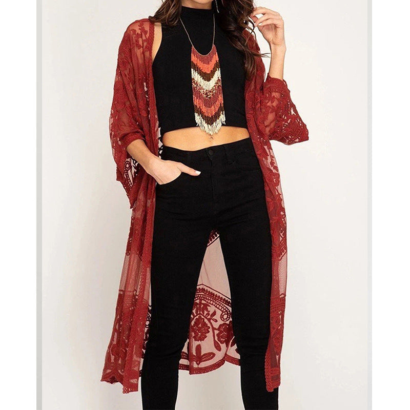 Modischer Damen-Crochet-Kimono mit luftigem Schnitt und Blumenmuster