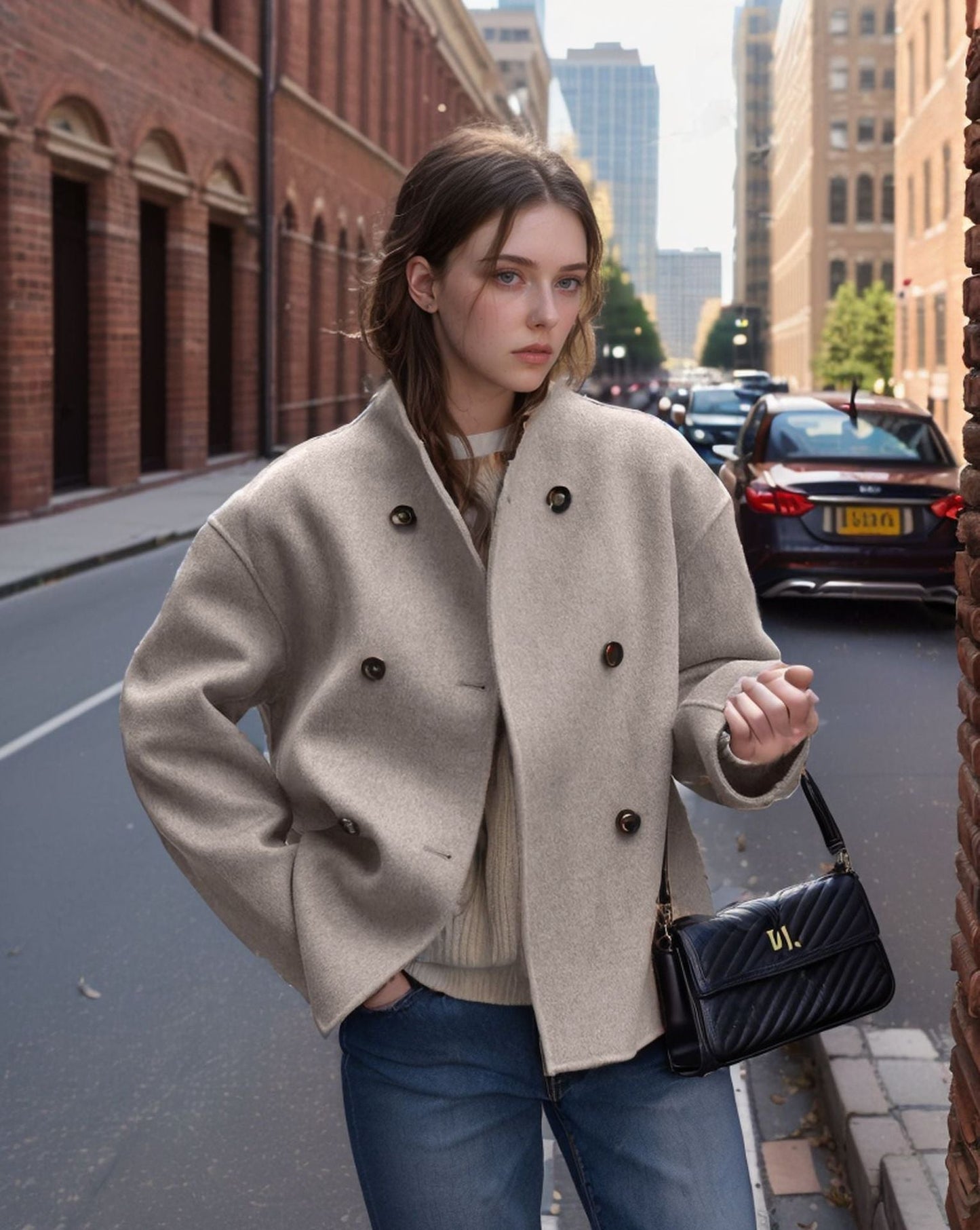 Damen modische Kurzjacke mit doppelter Knopfreihe und lässigen Ärmeln ModeGeist