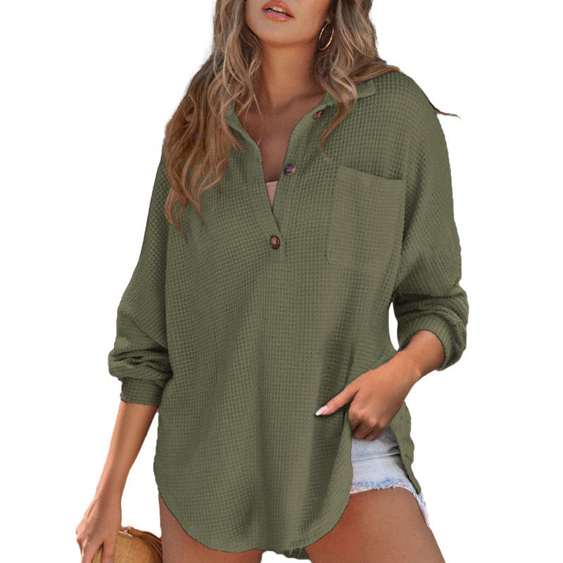 Damen lässiges Waffle-Shirt mit Stehkragen und Knopfleiste ModeGeist