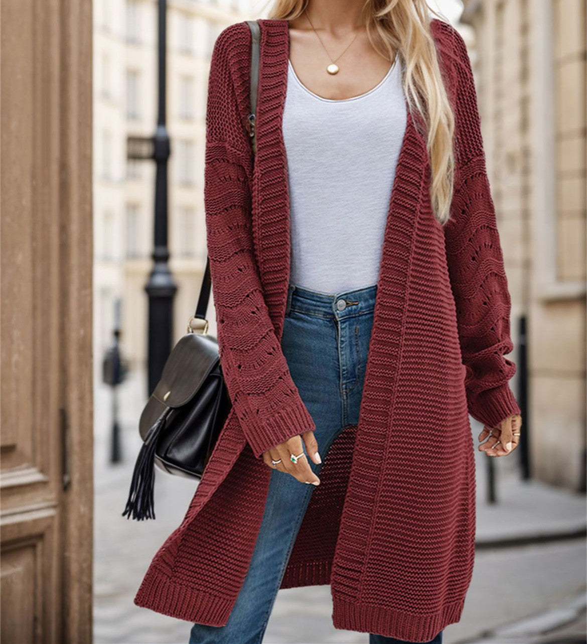 Damen Langer Strickcardigan mit luftiger Maschenstruktur und offener Front ModeGeist