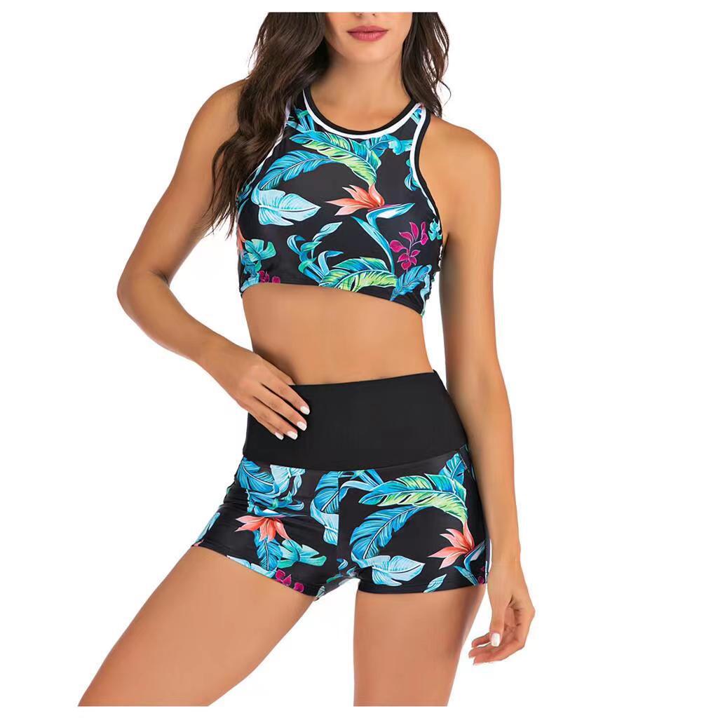 Modischer Damen Sport Bikini mit Blumen-Crop Top und hoher, bequemer Hose