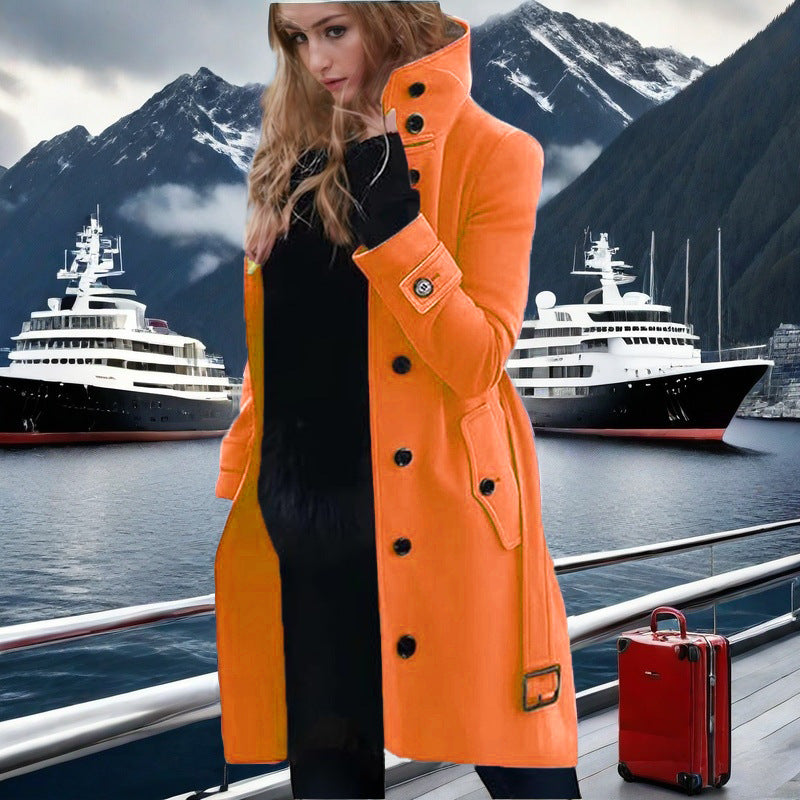 Damen eleganter Trenchcoat mit hohem Kragen und doppelter Knopfleiste ModeGeist