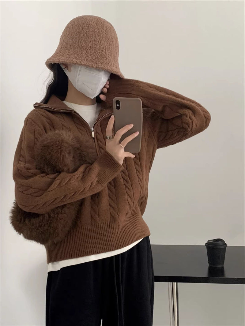 Damen kuscheliger Strickpullover mit hochschließendem Kragen und Zipper ModeGeist