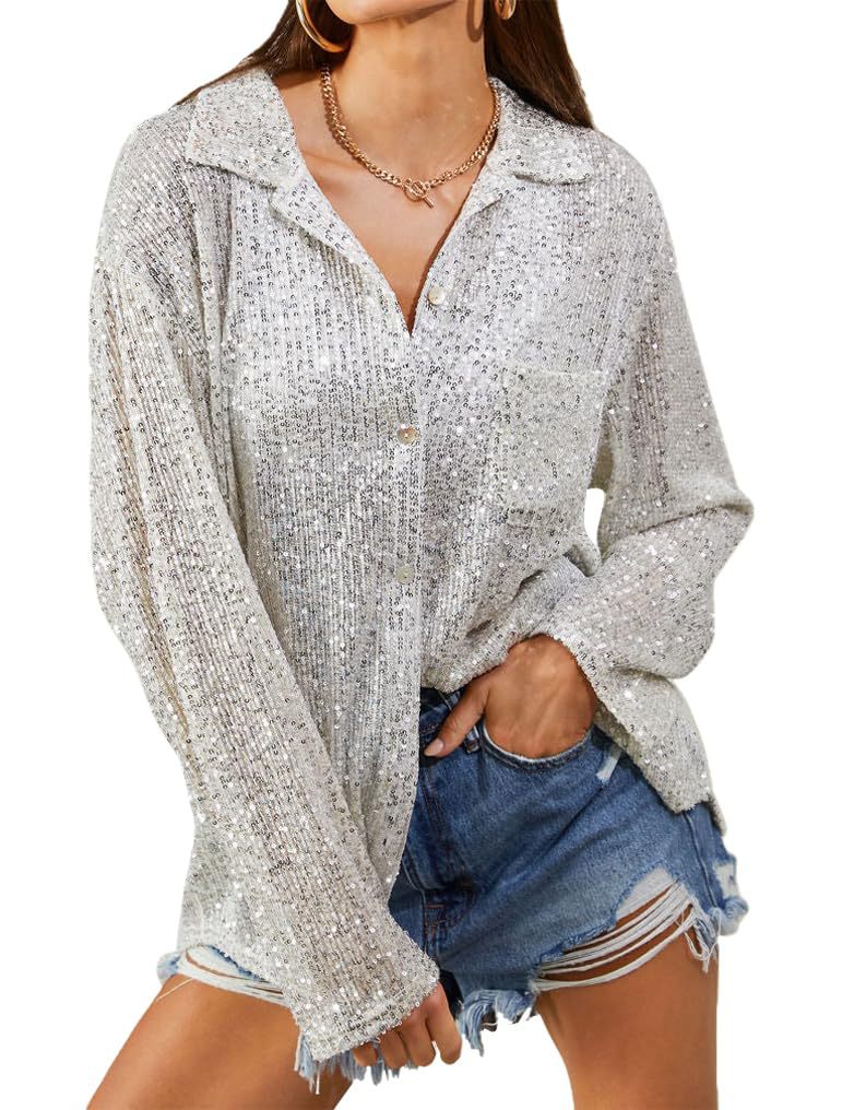 Damen Glitzernde Oversize-Bluse mit lässigem Schnitt ModeGeist
