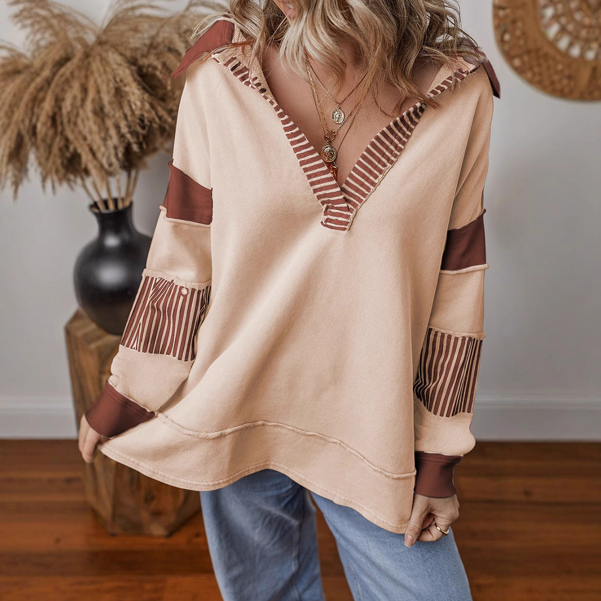 Damen lässiger Pullover mit Hemdkragen und gestreiften Ärmeln ModeGeist