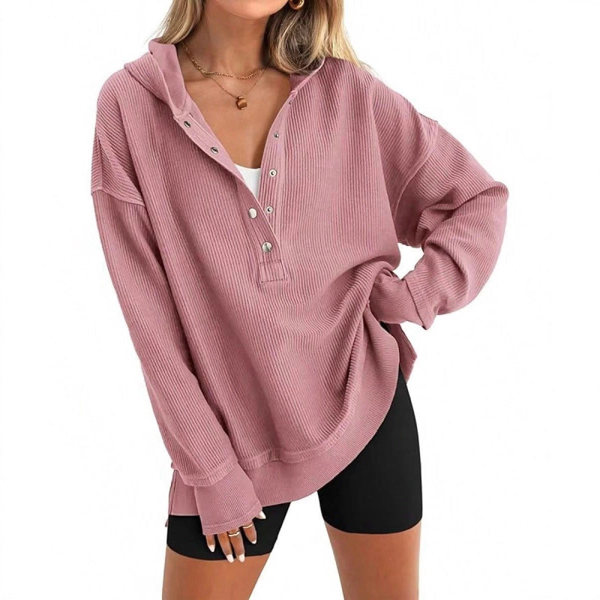 Damen Lässiger Kapuzenpullover mit Knopfdetails und überschnittenen Schultern ModeGeist