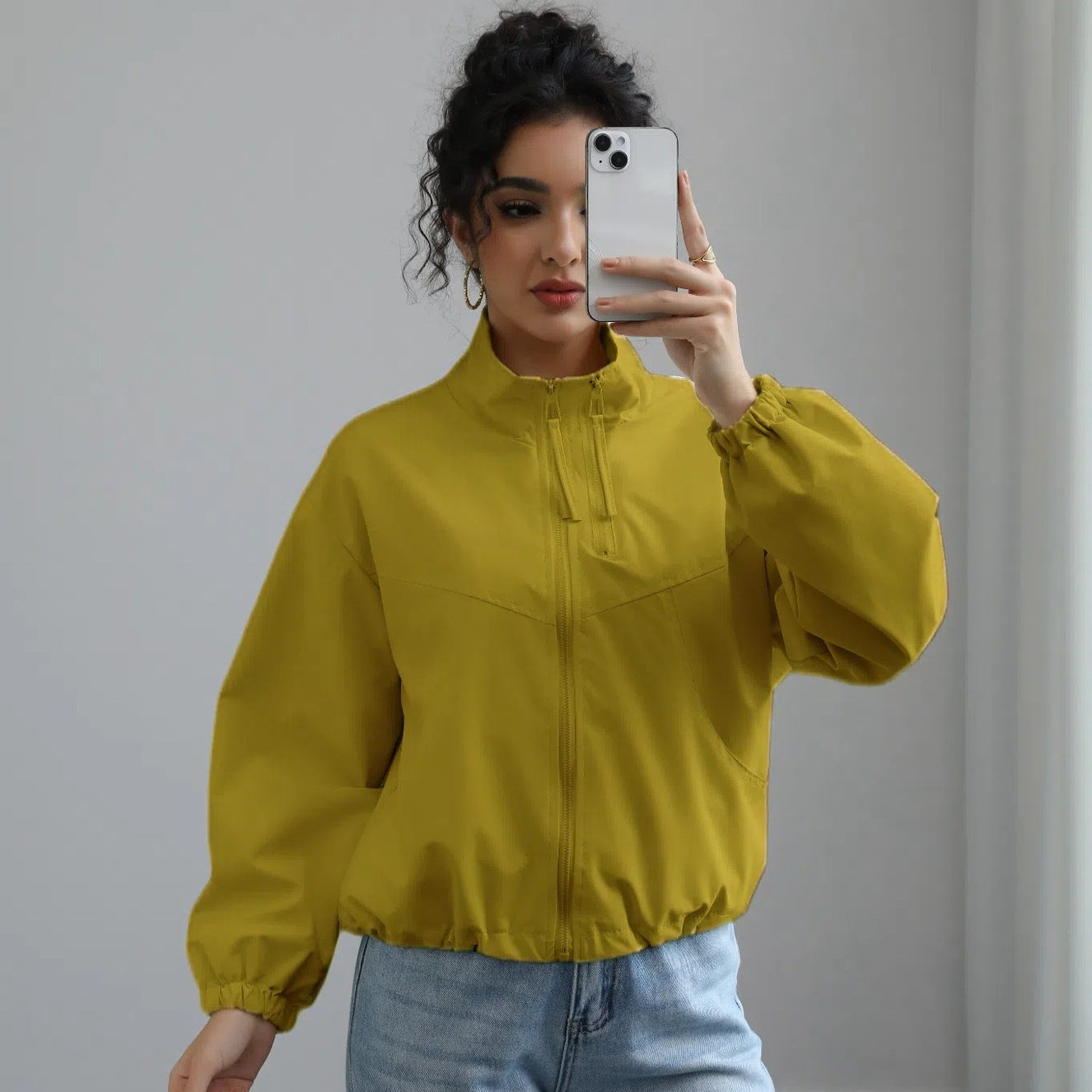 Damen modische Übergangsjacke mit hohem Kragen und elastischem Bund ModeGeist