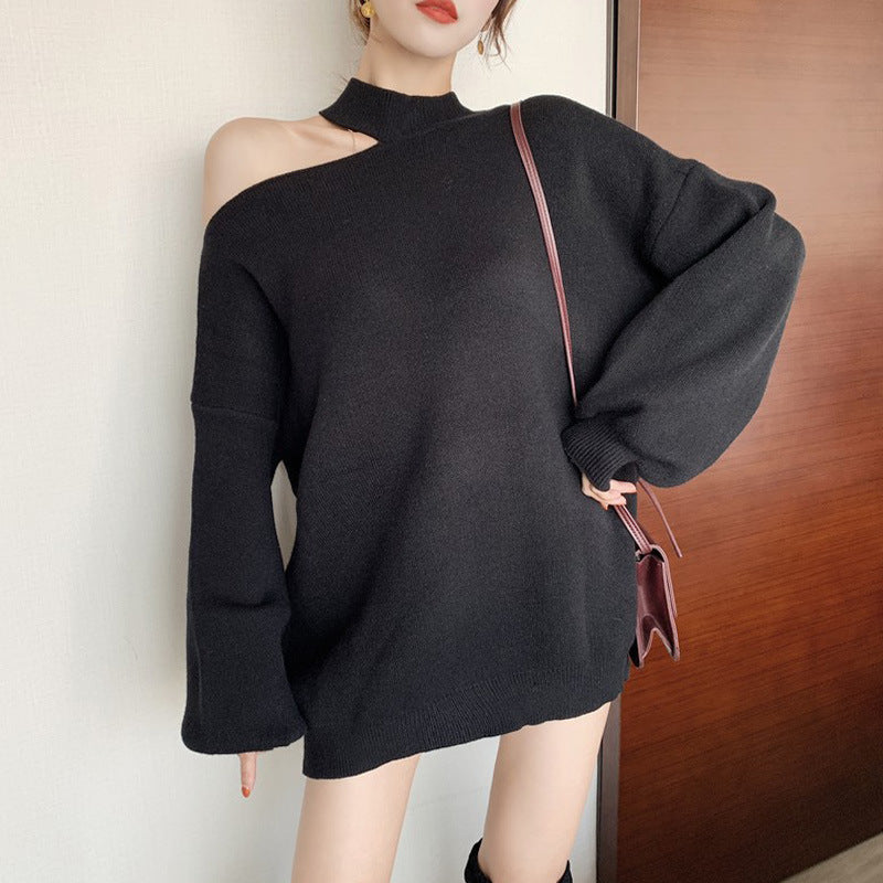 Damen modischer Oversized-Pullover mit schulterfreier Schnittführung und Rollkragen ModeGeist