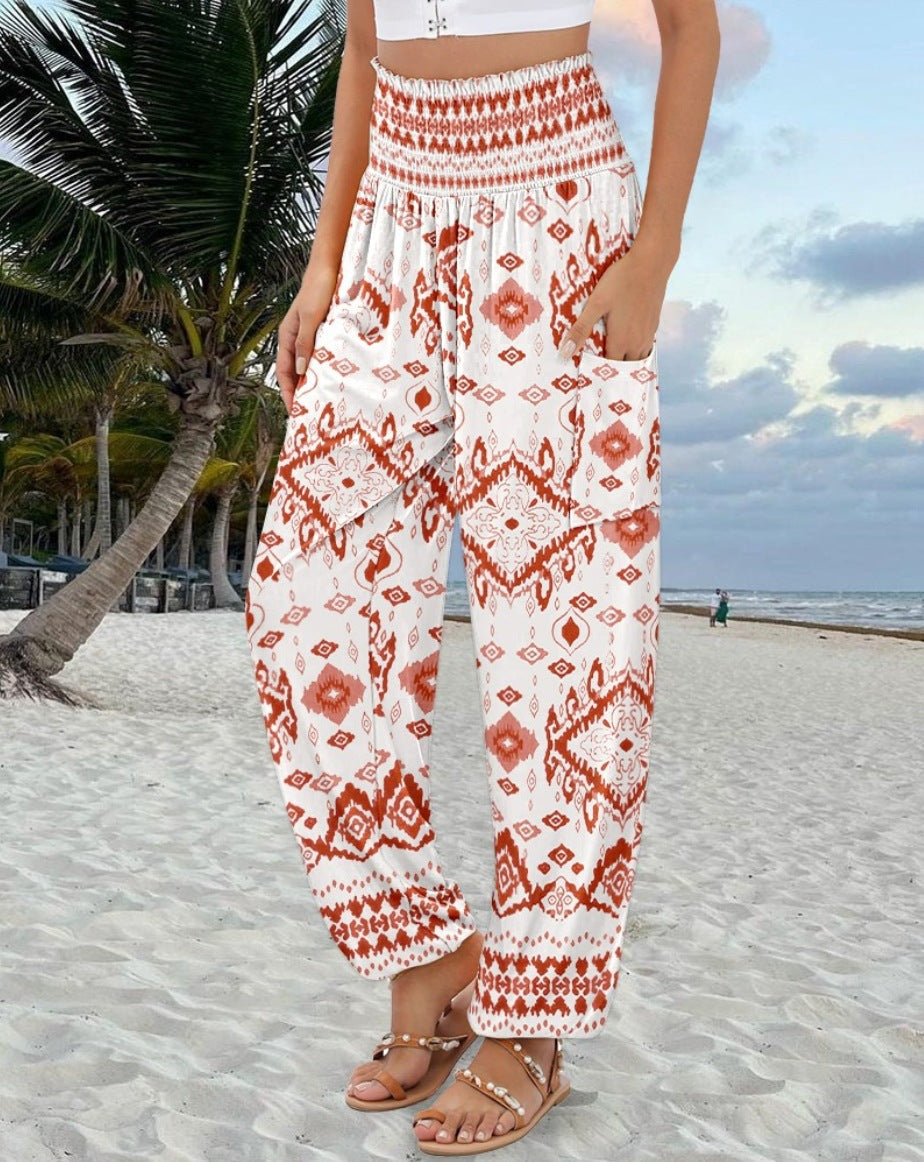 Elegante, bequeme Damen-Strandhose mit elastischem Bund und Paisley-Muster von MODEGEIST