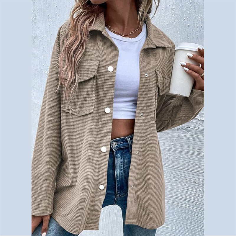 Damen Bequeme Waffel-Design Bluse mit Taschen ModeGeist
