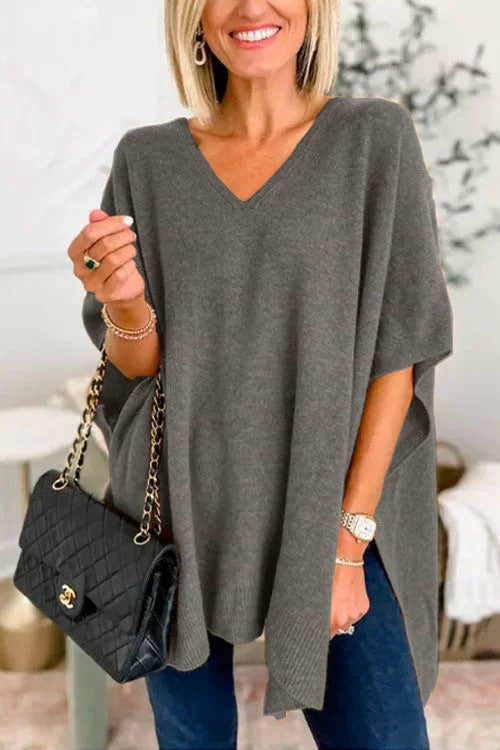 Damen lässiger Strickponcho mit V-Ausschnitt und überschnittenen Ärmeln ModeGeist