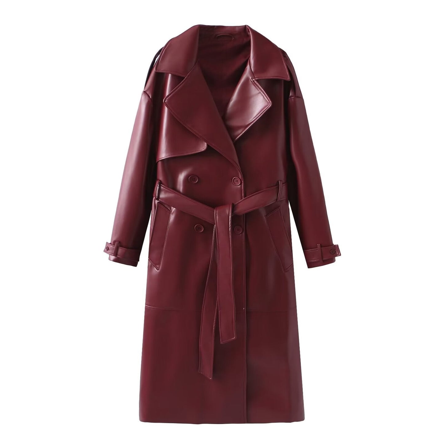 Damen Kunstleder-Trenchcoat mit elegantem Schnitt und taillierbarem Gürtel ModeGeist