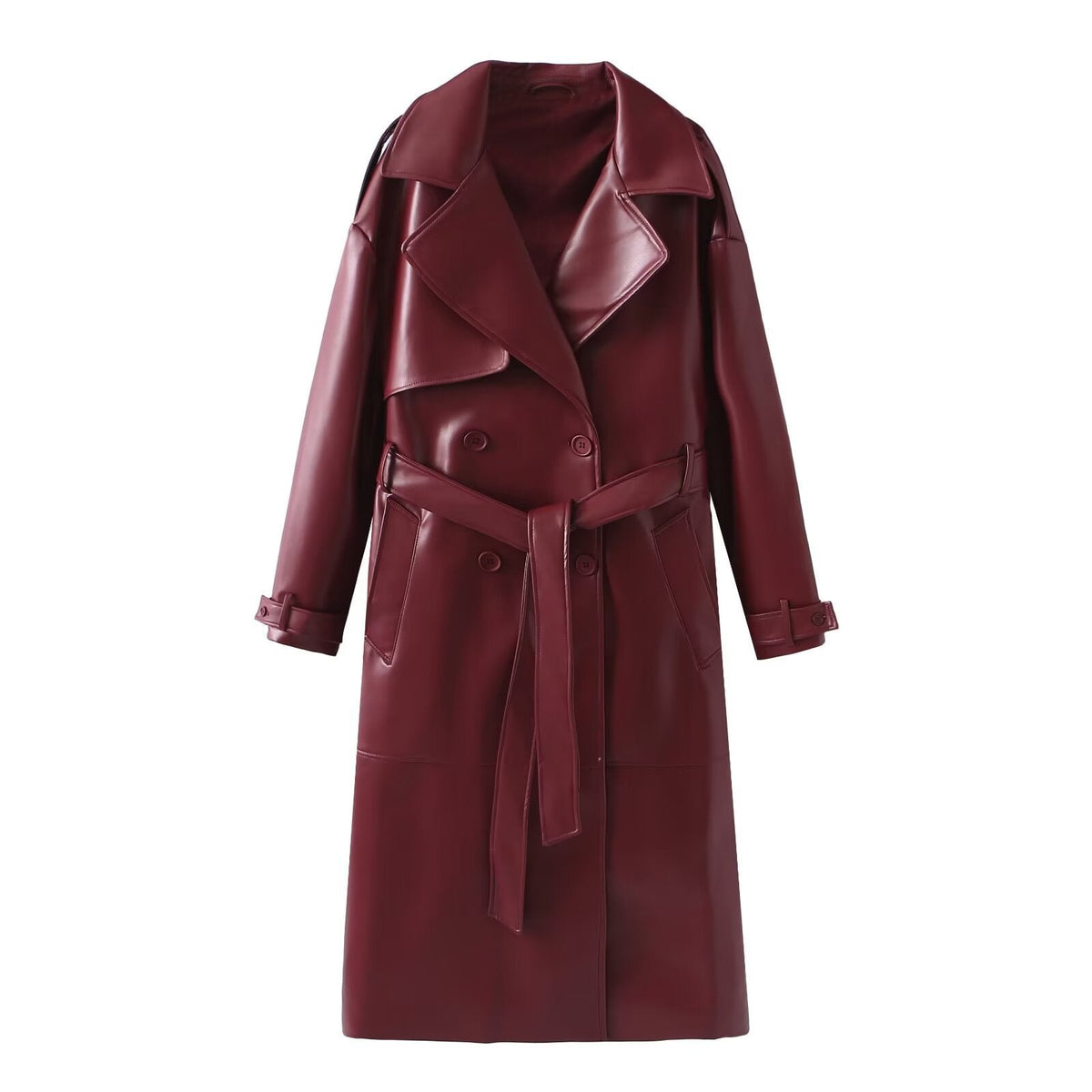 Damen Kunstleder-Trenchcoat mit elegantem Schnitt und taillierbarem Gürtel ModeGeist