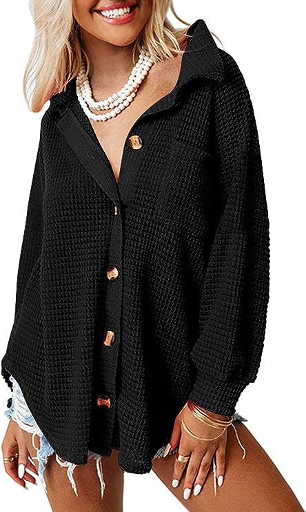Damen lässige Waffle-Hemdenjacke mit Knopfverschluss ModeGeist