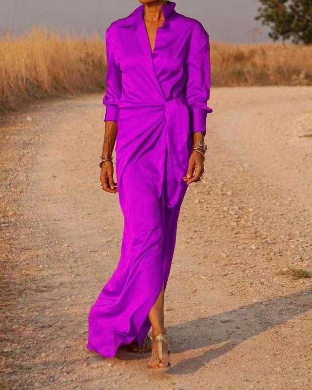 Damen Elegantes Wickel-Maxi-Kleid mit vielseitigem Kragen und seitlichem Schlitz ModeGeist