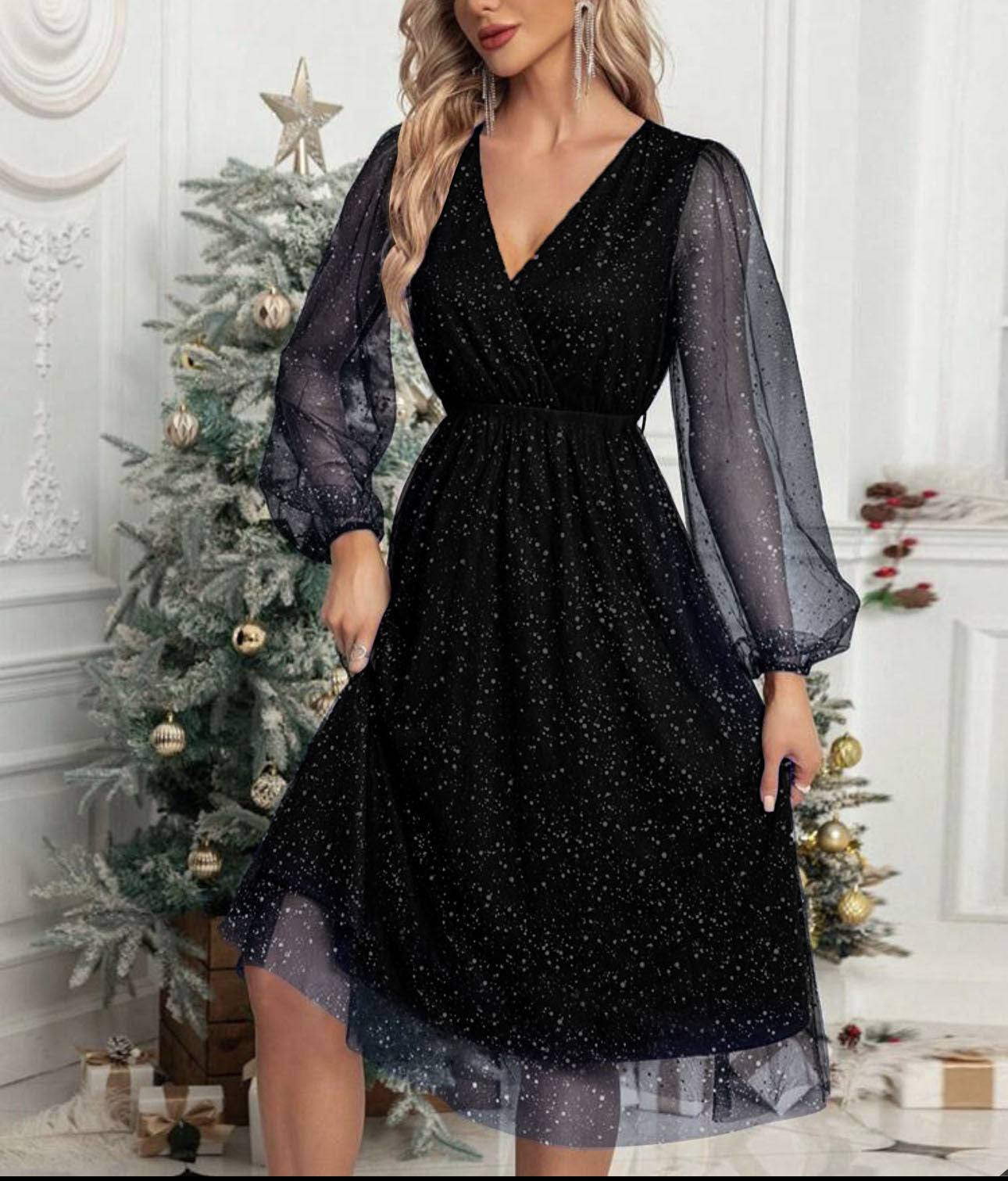 Damen Glamouröses Midikleid mit transparenten Puffärmeln und schimmerndem Paillettenmuster ModeGeist