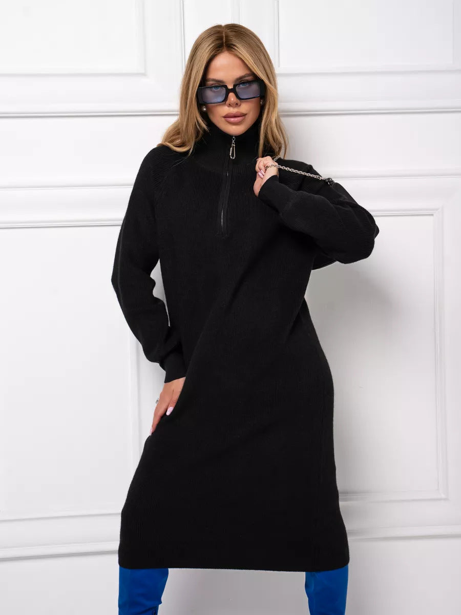 Damen Strickkleid mit Stehkragen und durchgehendem Reißverschluss ModeGeist