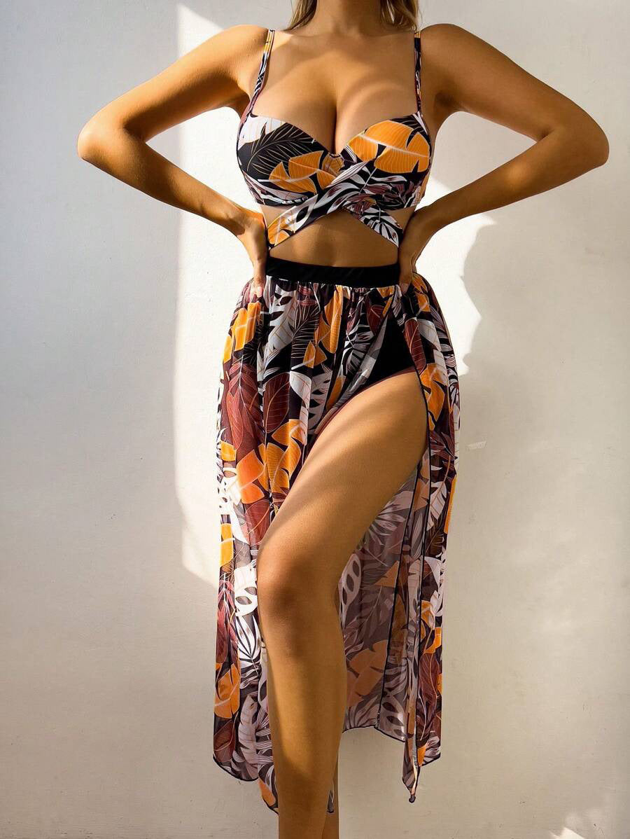 Tropischer Print Badeanzug Zweiteiler für Damen mit transparentem Cover-Up von MODEGEIST