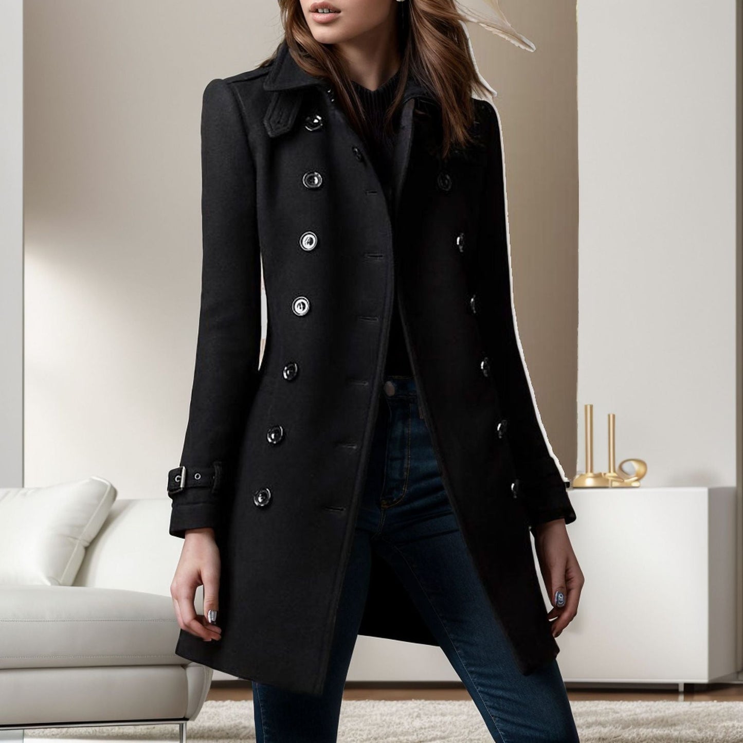 Damen eleganter Trenchcoat mit doppelter Knopfreihe und gewichtetem Kragen ModeGeist