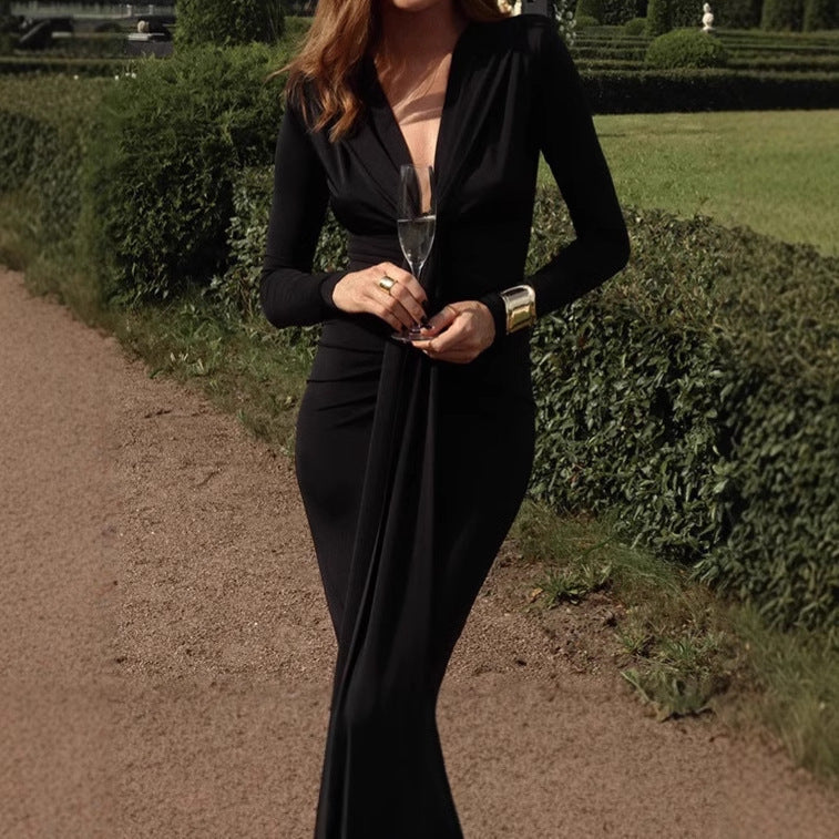 Damen Elegantes Langarm-Maxi-Kleid mit raffiniertem Knoten-Detail und figurformendem Design ModeGeist