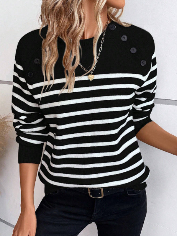 Damen gestreifter Pullover mit dekorativen Knopfdetails und Rundhalsausschnitt ModeGeist
