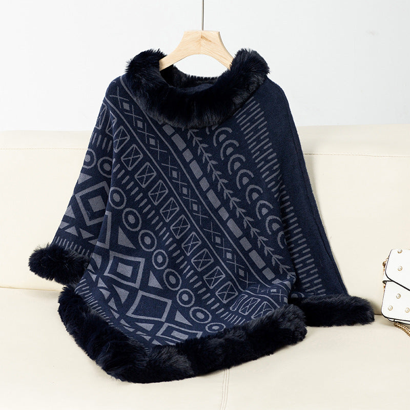 Damen modischer Poncho mit dekorativem Kunstfellkragen ModeGeist
