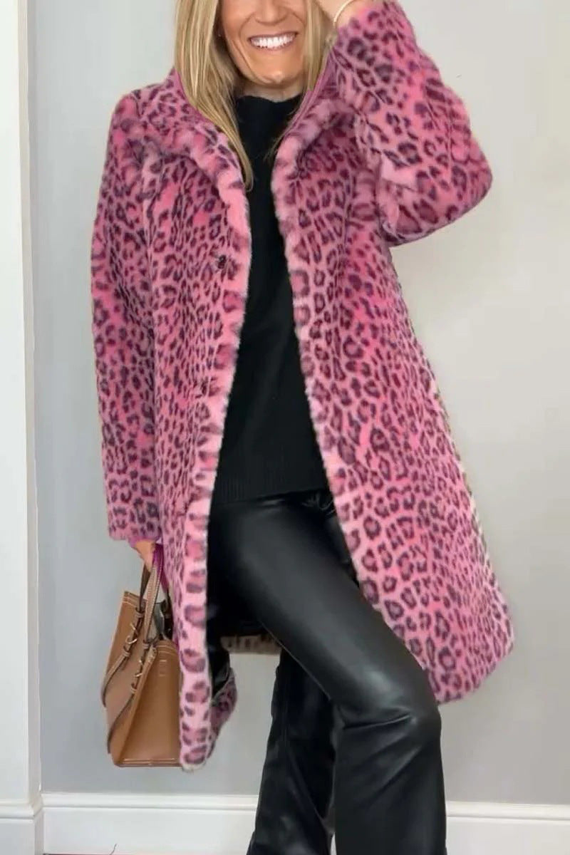 ModeGeist | Mantel - Kunstpelz - Oversized Fit - Reverskragen - Leopardenprint