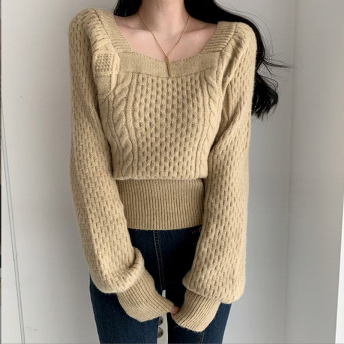 Damen Grobstrickpullover mit modernen Zopfdetails und quadratischem Ausschnitt ModeGeist