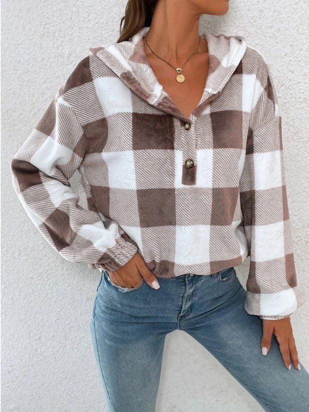 Damen Gemusterte Karo-Hoodie-Bluse ModeGeist