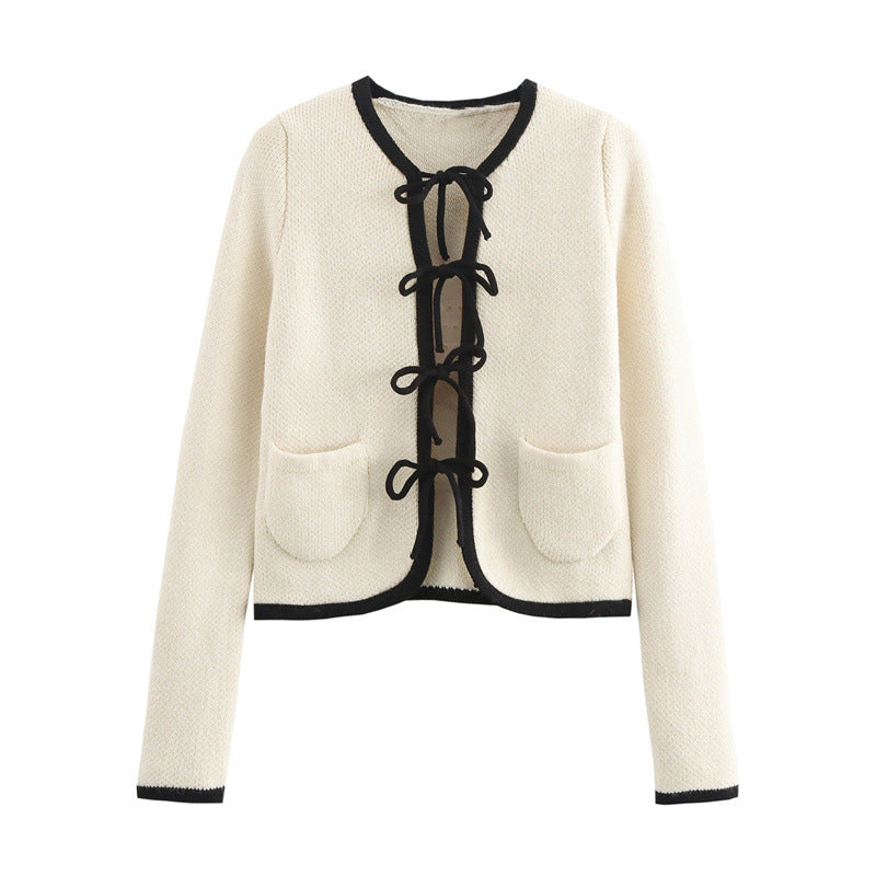 Damen Elegante Strickjacke mit raffinierten Schleifen und Taschen ModeGeist