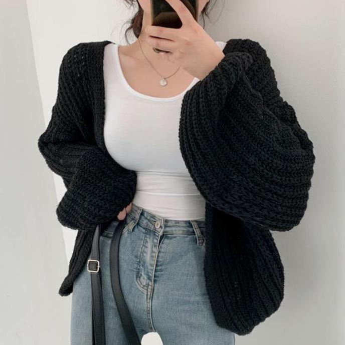 Damen grob gestrickte Oversized Cardigan mit tiefem V-Ausschnitt ModeGeist