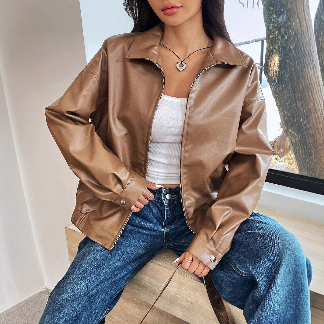 Damen trendige Kunstlederjacke im modernen Schnitt mit lässigem Reißverschluss ModeGeist