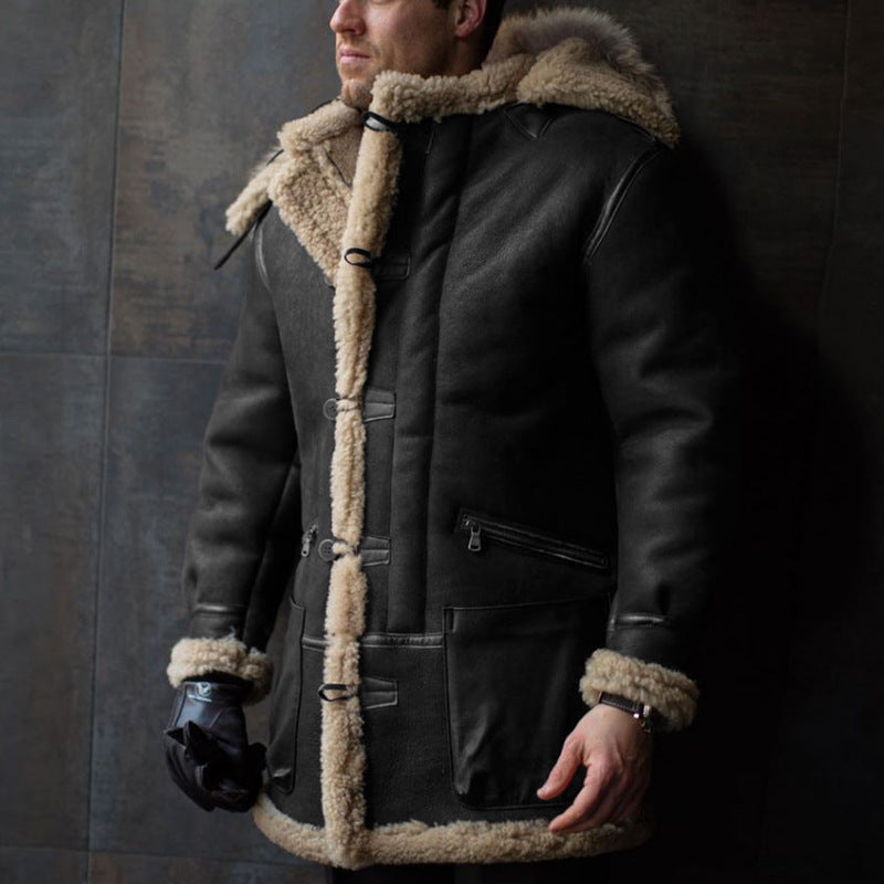 Herren Lammfell-Mantel mit Kapuze und praktischen Taschen ModeGeist